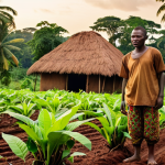 **Prompt:** Lush cocoa plantation in the Republic of Congo, showcasing sustainable farming practices. Focus on a local farmer tending to the crops, with vibrant greenery and a sense of hope. Include modern farming equipment in the background, blending tradition with innovation. Golden hour lighting.