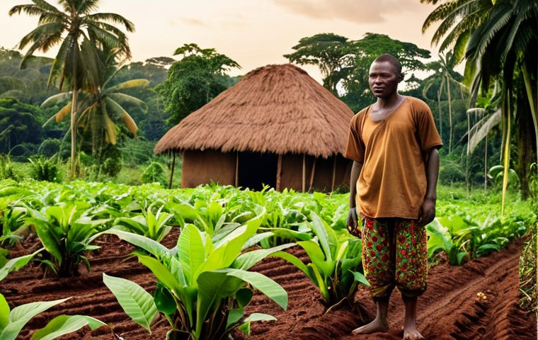 **Prompt:** Lush cocoa plantation in the Republic of Congo, showcasing sustainable farming practices. Focus on a local farmer tending to the crops, with vibrant greenery and a sense of hope. Include modern farming equipment in the background, blending tradition with innovation. Golden hour lighting.