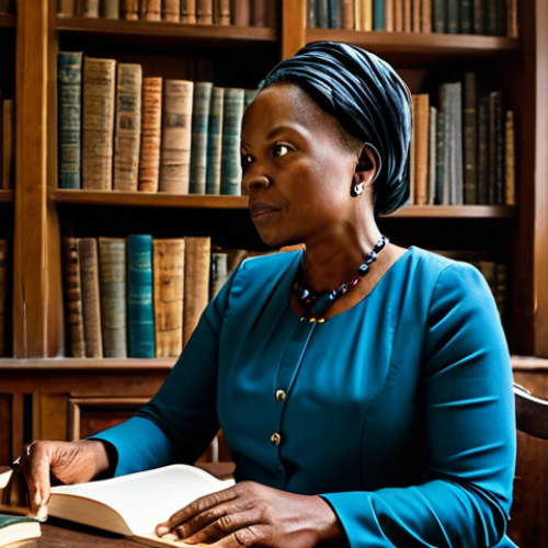 A professional female Congolese author, in her late 40s, wearing a modest, elegant long-sleeved dress and minimal jewelry, seated contemplatively at a large, antique wooden desk in a richly decorated private study. The room is filled with shelves of diverse books, some open, and traditional Congolese art pieces adorn the walls. Soft, warm natural light streams in from a large window, illuminating dust motes in the air. Her expression is thoughtful and serene, conveying deep wisdom and creativity. Perfect anatomy, correct proportions, natural pose, well-formed hands, proper finger count. Professional photography, high quality, realistic, fully clothed, appropriate attire, modest, safe for work, appropriate content.