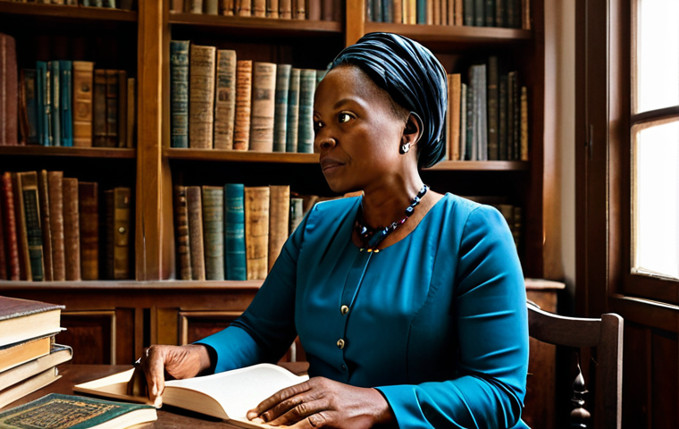 A professional female Congolese author, in her late 40s, wearing a modest, elegant long-sleeved dress and minimal jewelry, seated contemplatively at a large, antique wooden desk in a richly decorated private study. The room is filled with shelves of diverse books, some open, and traditional Congolese art pieces adorn the walls. Soft, warm natural light streams in from a large window, illuminating dust motes in the air. Her expression is thoughtful and serene, conveying deep wisdom and creativity. Perfect anatomy, correct proportions, natural pose, well-formed hands, proper finger count. Professional photography, high quality, realistic, fully clothed, appropriate attire, modest, safe for work, appropriate content.
