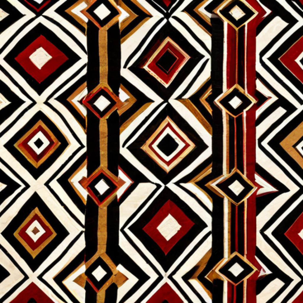 A detailed close-up of a vibrant, intricately woven Kuba textile, featuring complex geometric patterns in rich earthy tones of brown, red, and beige, with black accents. The texture of the raffia fibers is visibly detailed, highlighting the meticulous craftsmanship and traditional symbolism. The textile is displayed elegantly against a neutral, softly lit background, emphasizing its historical and artistic beauty. safe for work, appropriate content, fully clothed, modest, professional photography, high quality, cultural heritage.