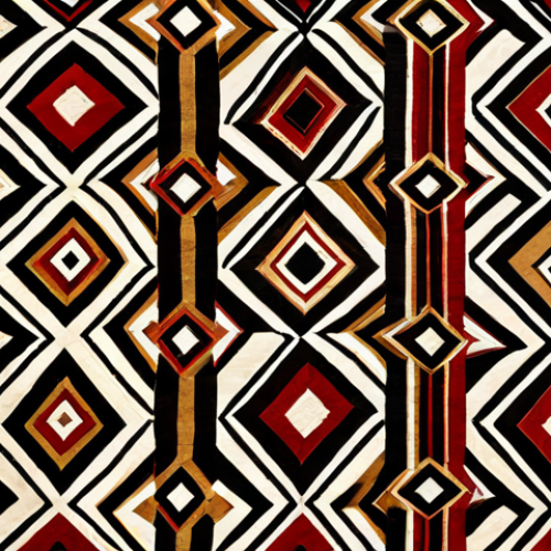 A detailed close-up of a vibrant, intricately woven Kuba textile, featuring complex geometric patterns in rich earthy tones of brown, red, and beige, with black accents. The texture of the raffia fibers is visibly detailed, highlighting the meticulous craftsmanship and traditional symbolism. The textile is displayed elegantly against a neutral, softly lit background, emphasizing its historical and artistic beauty. safe for work, appropriate content, fully clothed, modest, professional photography, high quality, cultural heritage.