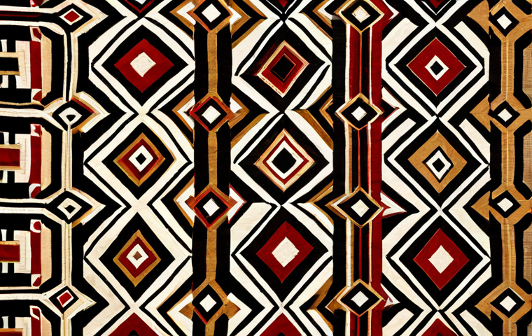 A detailed close-up of a vibrant, intricately woven Kuba textile, featuring complex geometric patterns in rich earthy tones of brown, red, and beige, with black accents. The texture of the raffia fibers is visibly detailed, highlighting the meticulous craftsmanship and traditional symbolism. The textile is displayed elegantly against a neutral, softly lit background, emphasizing its historical and artistic beauty. safe for work, appropriate content, fully clothed, modest, professional photography, high quality, cultural heritage.