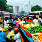 **

"A bustling marketplace in Kinshasa, Democratic Republic of Congo, with vendors selling fresh produce and goods. In the background, a modern BRT (Bus Rapid Transit) system is visible, alleviating traffic congestion. People are dressed in vibrant, colorful clothing. The scene is energetic and optimistic, showcasing urban development. Safe for work, appropriate content, fully clothed, professional, perfect anatomy, natural proportions, high quality."

**