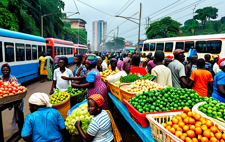 **
"A bustling marketplace in Kinshasa, Democratic Republic of Congo, with vendors selling fresh produce and goods. In the background, a modern BRT (Bus Rapid Transit) system is visible, alleviating traffic congestion. People are dressed in vibrant, colorful clothing. The scene is energetic and optimistic, showcasing urban development. Safe for work, appropriate content, fully clothed, professional, perfect anatomy, natural proportions, high quality."
**