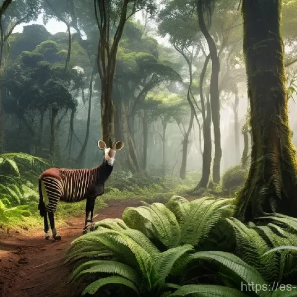 콩고 공화국의 자연환경 및 생태계 - **Prompt: Verdant Heart of the Congo with an Okapi**
    A hyper-realistic, wide-angle shot of the b...