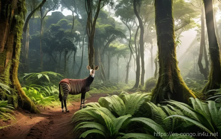 콩고 공화국의 자연환경 및 생태계 - **Prompt: Verdant Heart of the Congo with an Okapi**
    A hyper-realistic, wide-angle shot of the b...