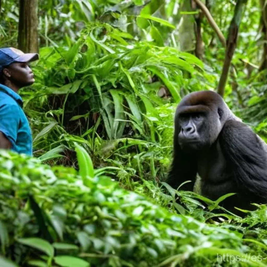 콩고 공화국의 기후와 여행 적기 - **Prompt 1: Mountain Gorilla Encounter in Virunga National Park**
    "A scene depicting a group of ...