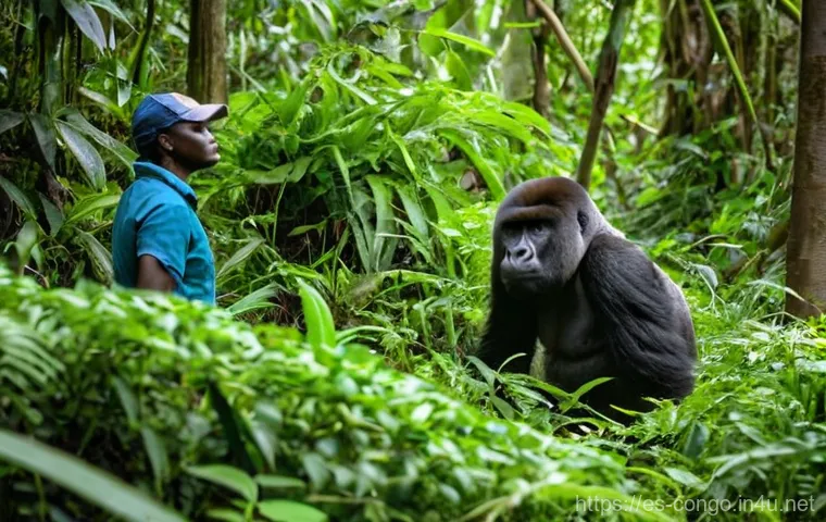 콩고 공화국의 기후와 여행 적기 - **Prompt 1: Mountain Gorilla Encounter in Virunga National Park**
    "A scene depicting a group of ...