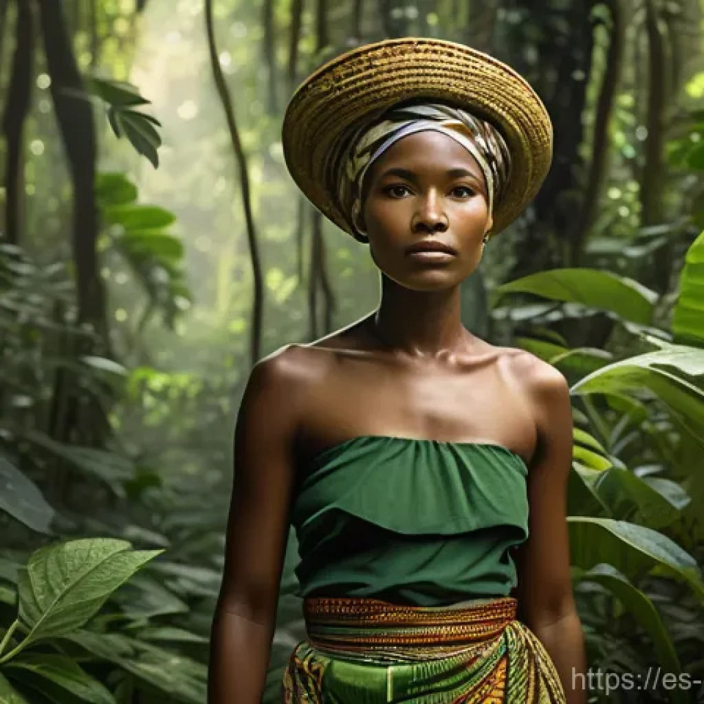 콩고 공화국에서의 전통 약초 및 자연 치유법 - A serene and authentic depiction of an indigenous Congolese woman, gracefully dressed in a modest, r...