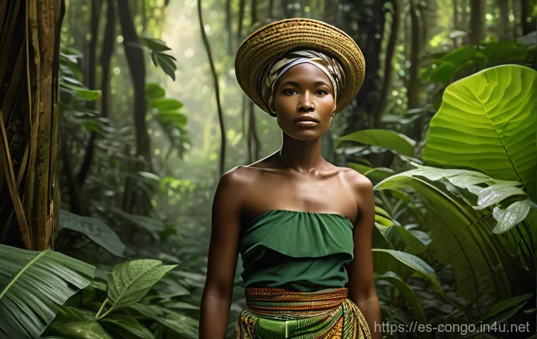 콩고 공화국에서의 전통 약초 및 자연 치유법 - A serene and authentic depiction of an indigenous Congolese woman, gracefully dressed in a modest, r...