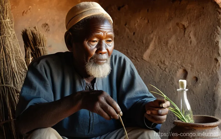 콩고 공화국에서의 전통 약초 및 자연 치유법 - A serene and authentic depiction of an indigenous Congolese woman, gracefully dressed in a modest, r...