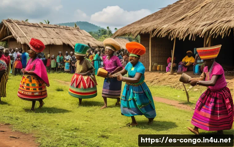 콩고 공화국의 대표적인 축제 및 행사 - A vibrant traditional harvest festival in a Congolese village, featuring men and women dressed in co...