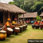 Home 21 콩고 공화국의 전통 음악과 현대적 변형 - A vibrant scene of a traditional Congolese village celebration at sunset, featuring musicians playin...