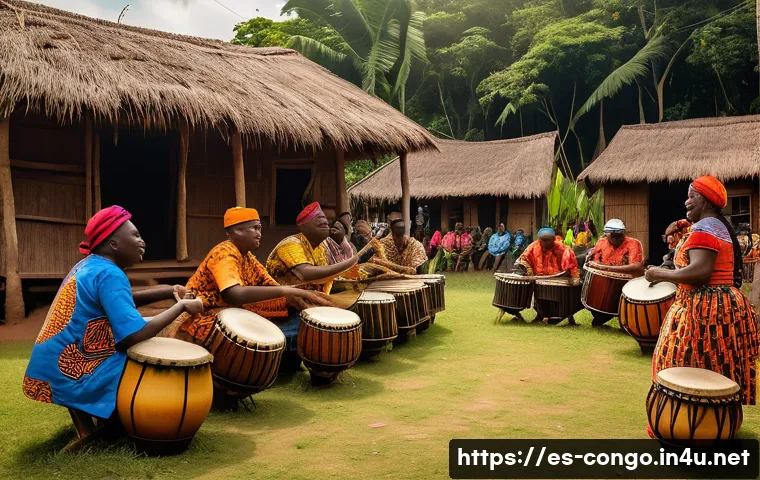 콩고 공화국의 전통 음악과 현대적 변형 - A vibrant scene of a traditional Congolese village celebration at sunset, featuring musicians playin...