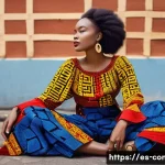 Home 20 콩고 공화국에서의 유행 패션 스타일 - A vibrant Congolese fashion scene featuring a young woman wearing a modern asymmetrical blouse and f...