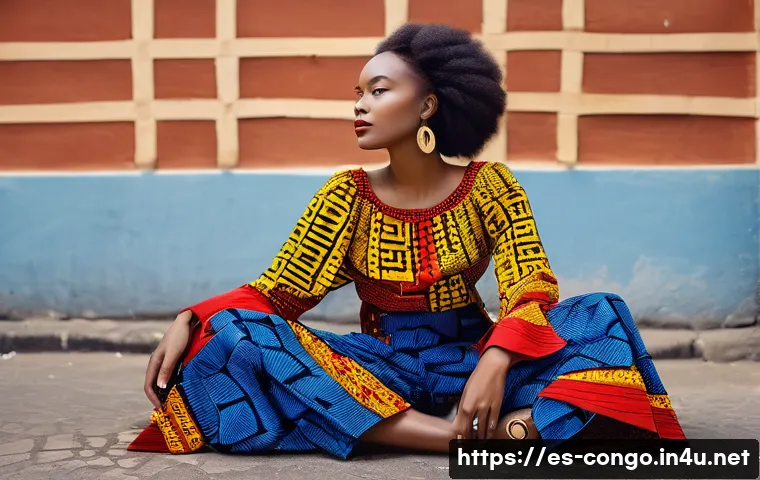 콩고 공화국에서의 유행 패션 스타일 - A vibrant Congolese fashion scene featuring a young woman wearing a modern asymmetrical blouse and f...