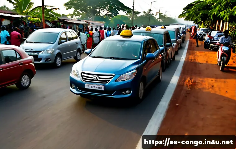 콩고 공화국에서의 자동차 문화와 운전 습관 - Photorealistic street scene in Brazzaville, Republic of the Congo, showing a patient line of compact...